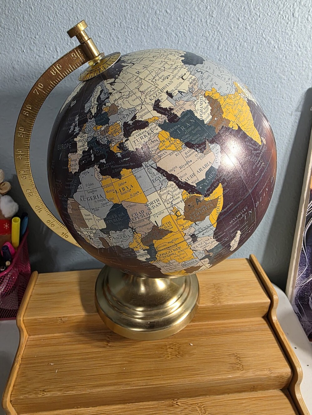 World Globe Dark Blue Desk Top Decor 12" Gold Tone Metal Stand